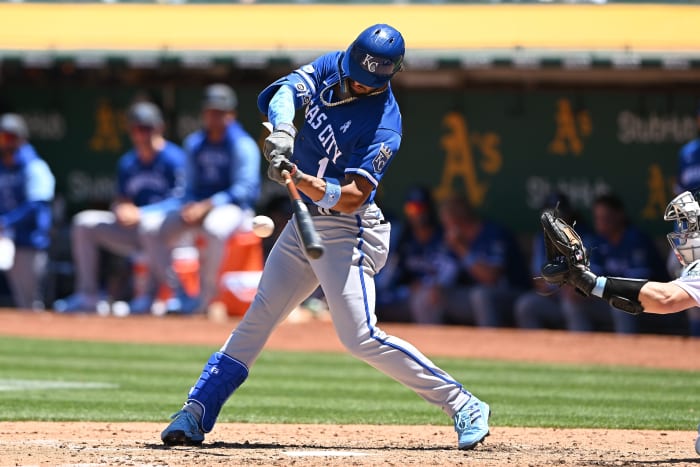Jun 19, 2022; Oakland, California, USA; Kansas City Royals right fielder MJ Melendez (1) hits a double against the Oakland Athletics during the fifth inning at RingCentral Coliseum. Mandatory Credit: Robert Edwards-USA TODAY Sports